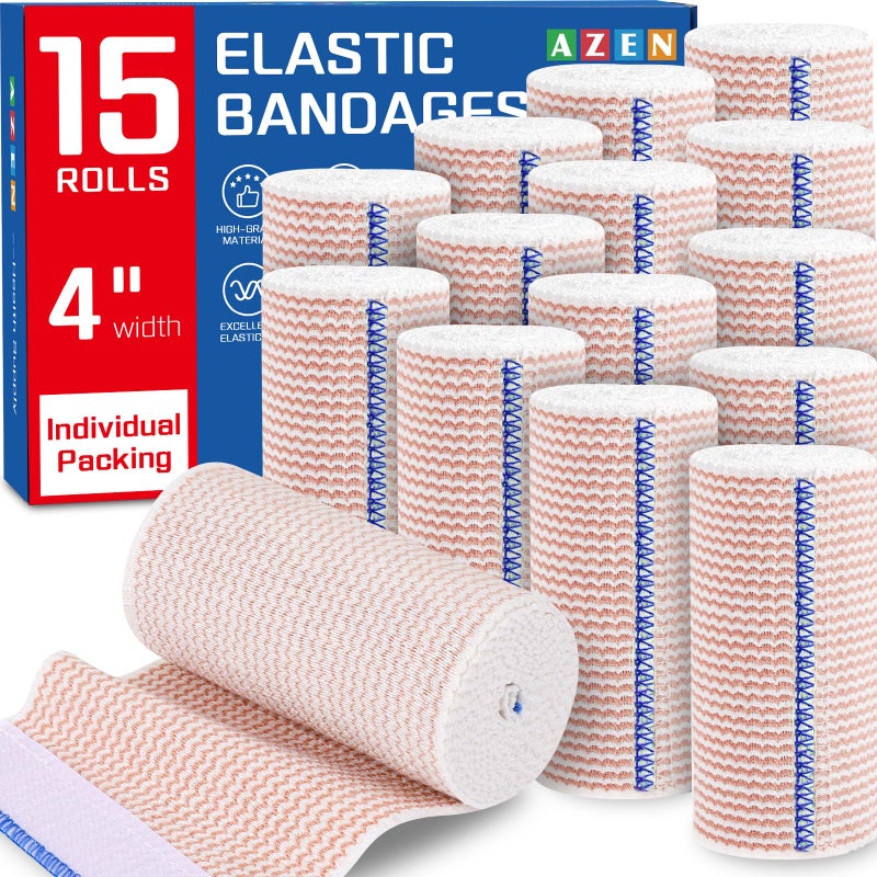 AZEN Premium 15 Pack Elastic Bandage Wrap 4 Inch Compression Wrap Bandage for Legs Lymphedema Wraps for Legs Ankle Knee Tummy Body LatexFree